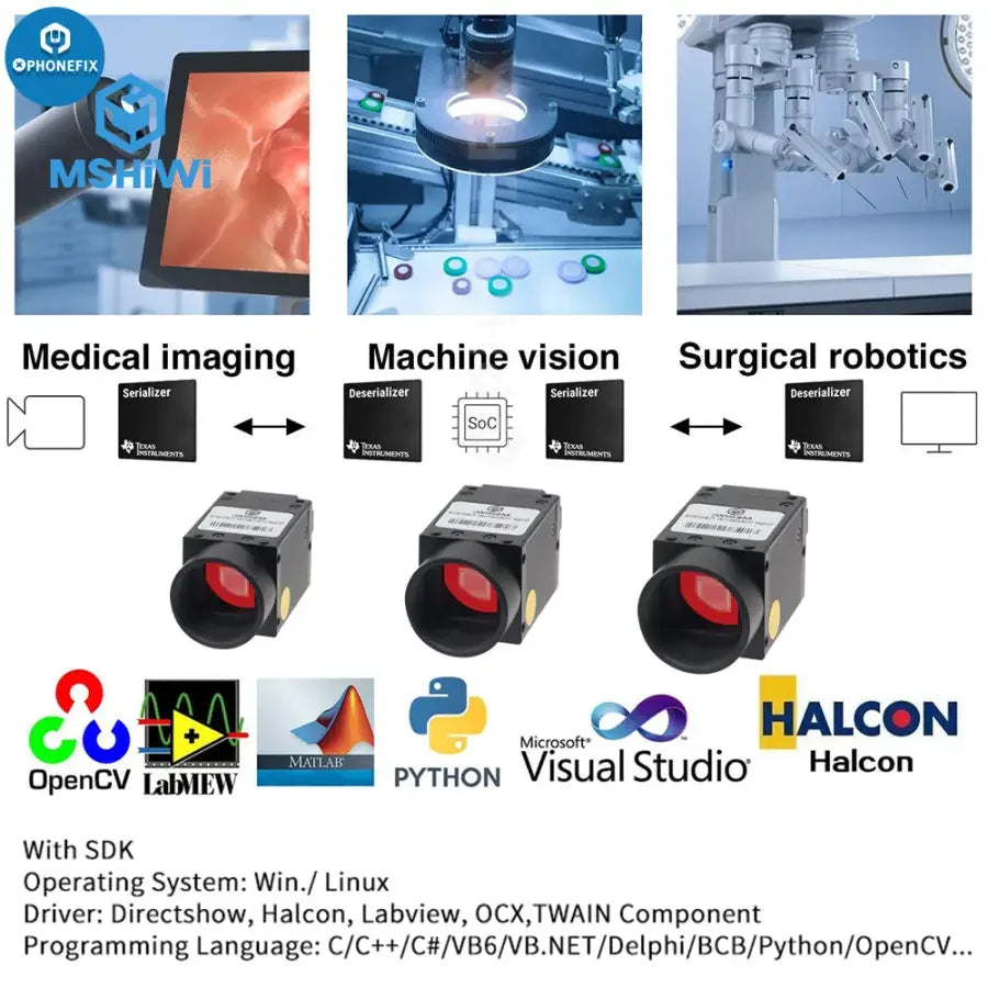 Color industrial 10GigE Vision Camera by PHONEFIX with gigabit Ethernet and shutter, designed for machine vision applications.