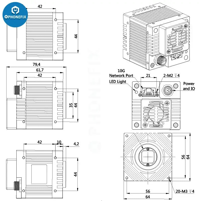 PHONEFIX 10GigE Vision industrial machine vision camera with color shutter and gigabit Ethernet for high-speed imaging.