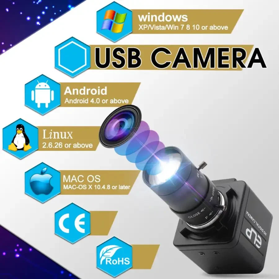 PHONEFIX HD 1080P webcam with manual varifocal lens, high-speed USB camera, suitable for machine vision applications.