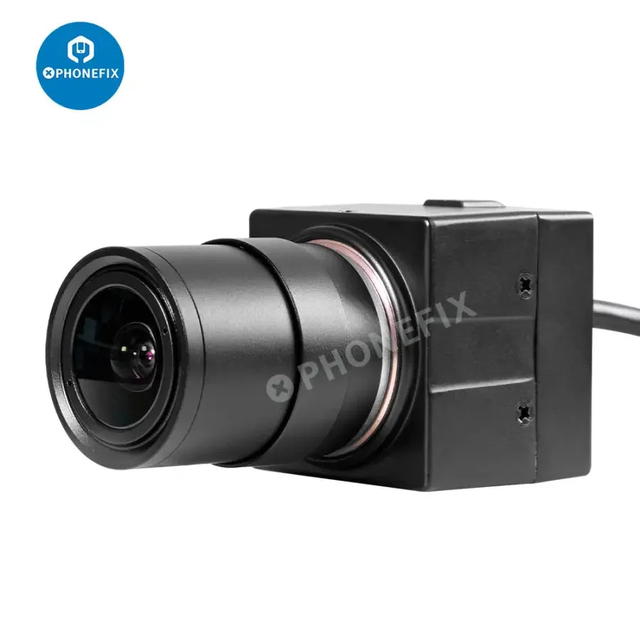 5MP UVC USB webcam by PHONEFIX, industrial HD machine vision camera showing lens and USB connection for industrial PC use.
