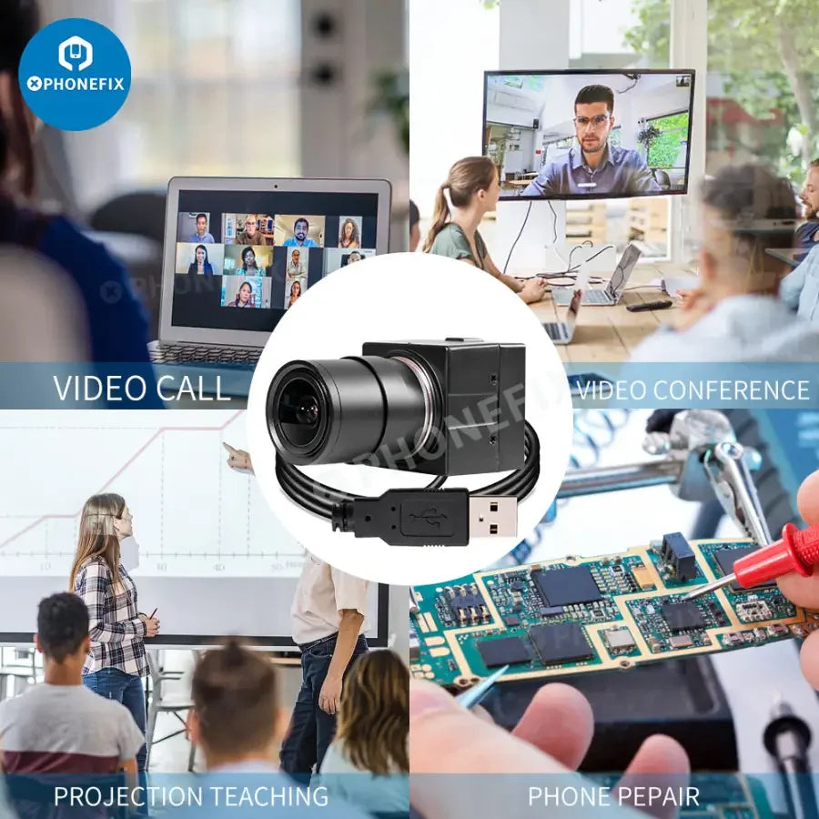 5MP UVC USB webcam by PHONEFIX, HD industrial PC camera for machine vision applications, with a sleek design and high-resolution lens.