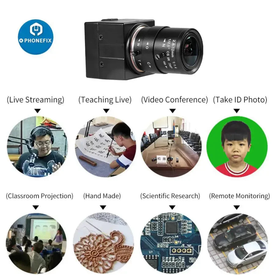 5MP UVC USB Webcam by PHONEFIX, industrial HD PC camera for machine vision applications, featuring a compact design.