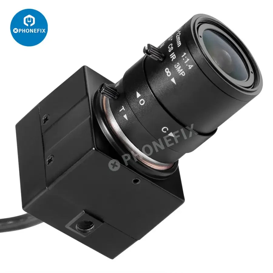 5MP UVC USB webcam by PHONEFIX, HD industrial PC camera for machine vision applications, showing lens and USB connection