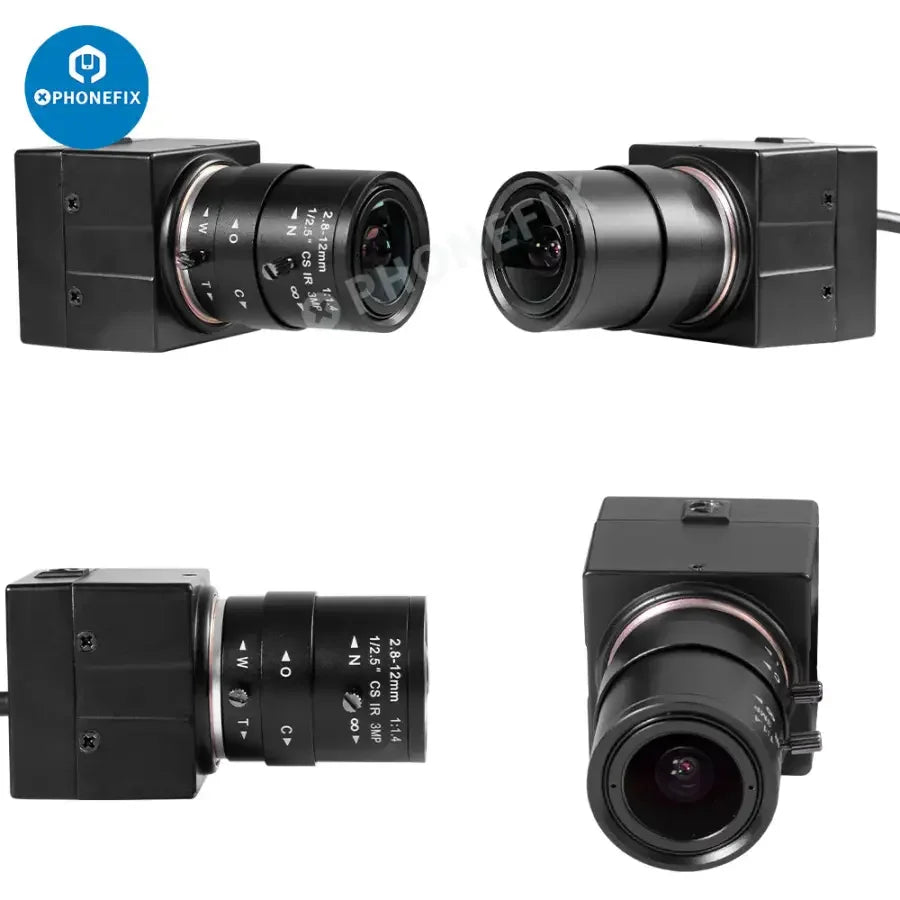 5MP UVC USB webcam by PHONEFIX, HD industrial PC camera designed for machine vision applications, shown with lens and connector.