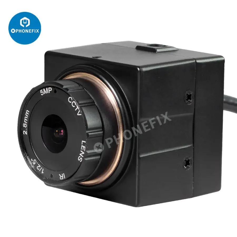 5MP UVC USB webcam by PHONEFIX, industrial HD machine vision camera showing lens and USB connector on a neutral background.