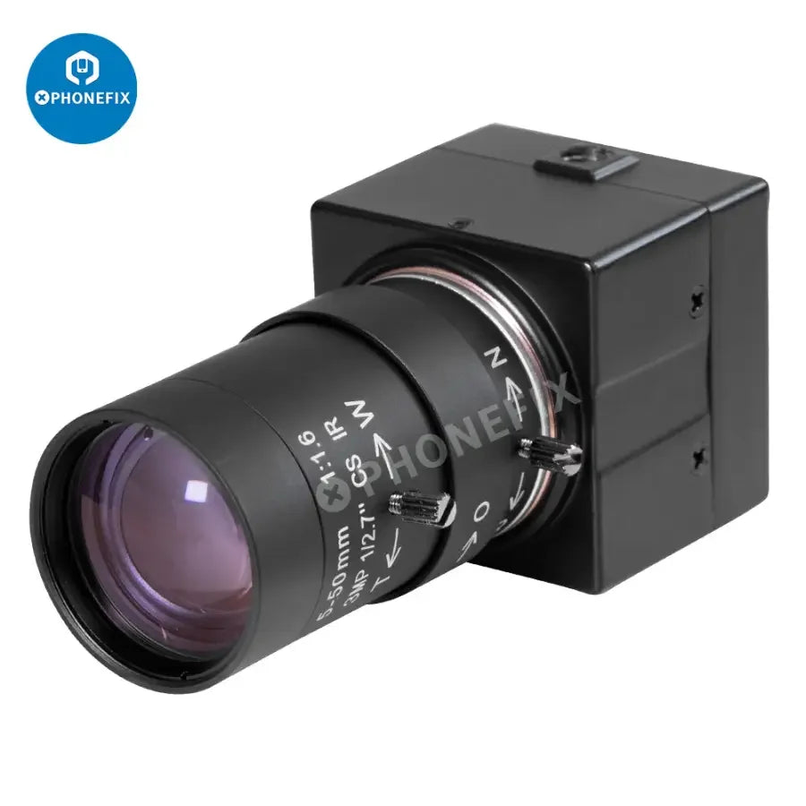 5MP UVC USB webcam by PHONEFIX, HD industrial PC camera for machine vision applications, showing the camera lens and USB connection.