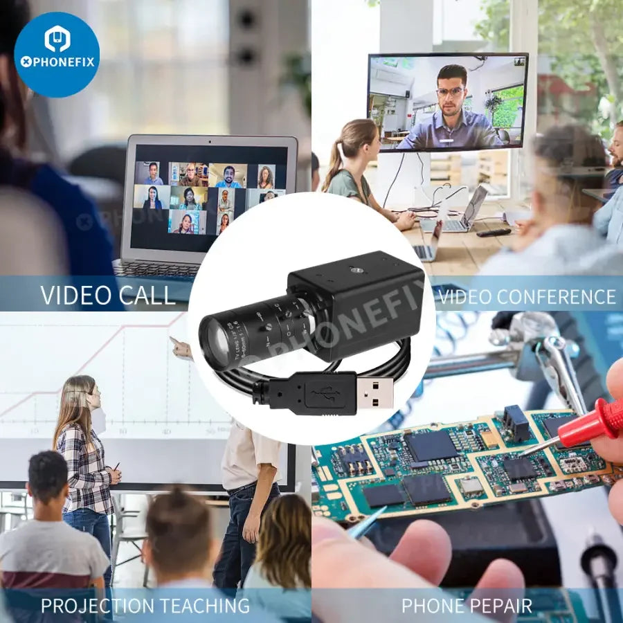 Cámara web PHONEFIX de 5.0 MP y resolución 4K con zoom de 10x y lente varifocal, ideal para visión artificial y captura de vídeo de alta resolución.