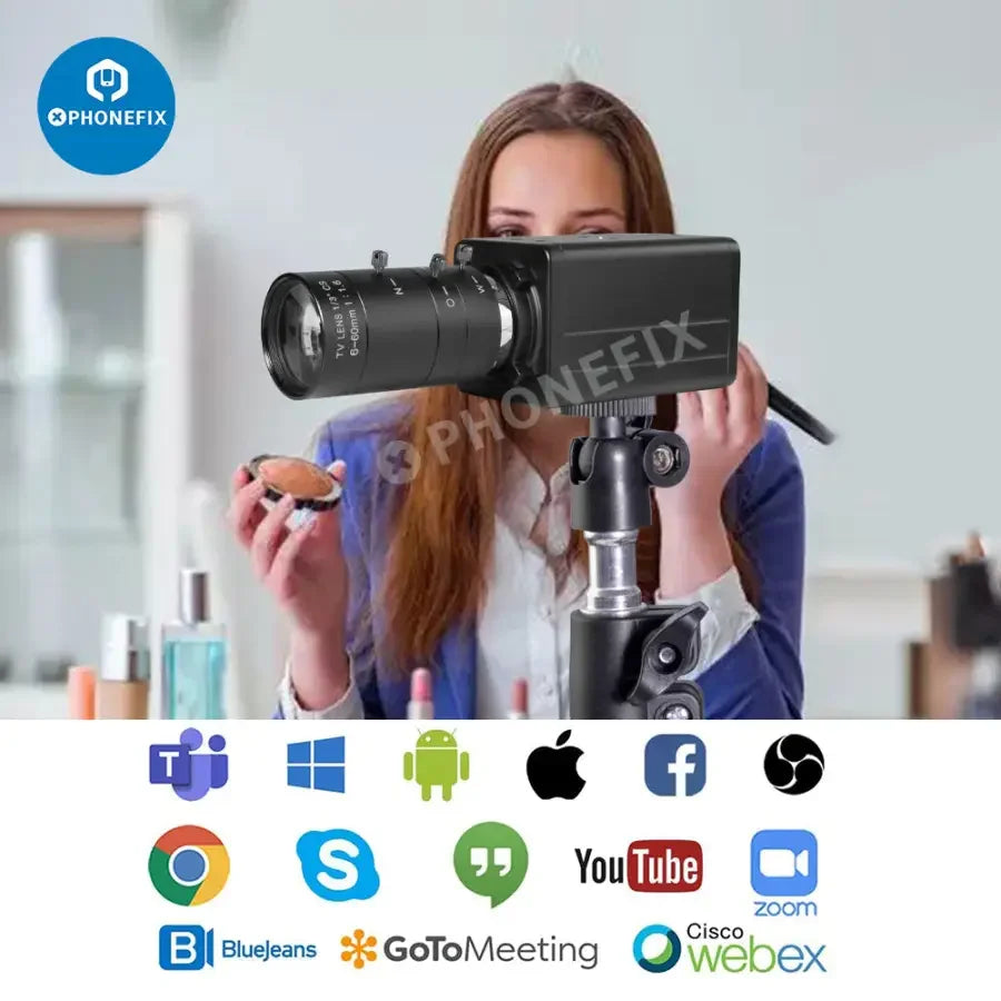 Cámara web PHONEFIX de 5.0 MP y resolución 4K con zoom de 10 aumentos y lente varifocal, ideal para aplicaciones de visión artificial y captura de vídeo de alta calidad.