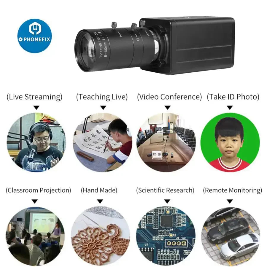 Cámara web PHONEFIX de 5.0 MP y resolución 4K con zoom de 10 aumentos y lente varifocal para aplicaciones de visión artificial, configuración detallada de la cámara y ajuste de la lente.