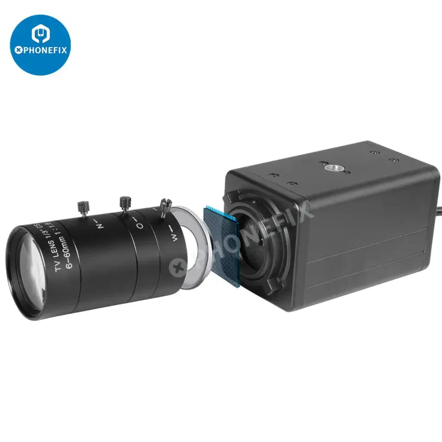 Cámara web PHONEFIX de 5.0 MP y resolución 4K con zoom de 10x y lente varifocal, diseñada para aplicaciones de visión artificial, capturada a partir de la imagen del producto.