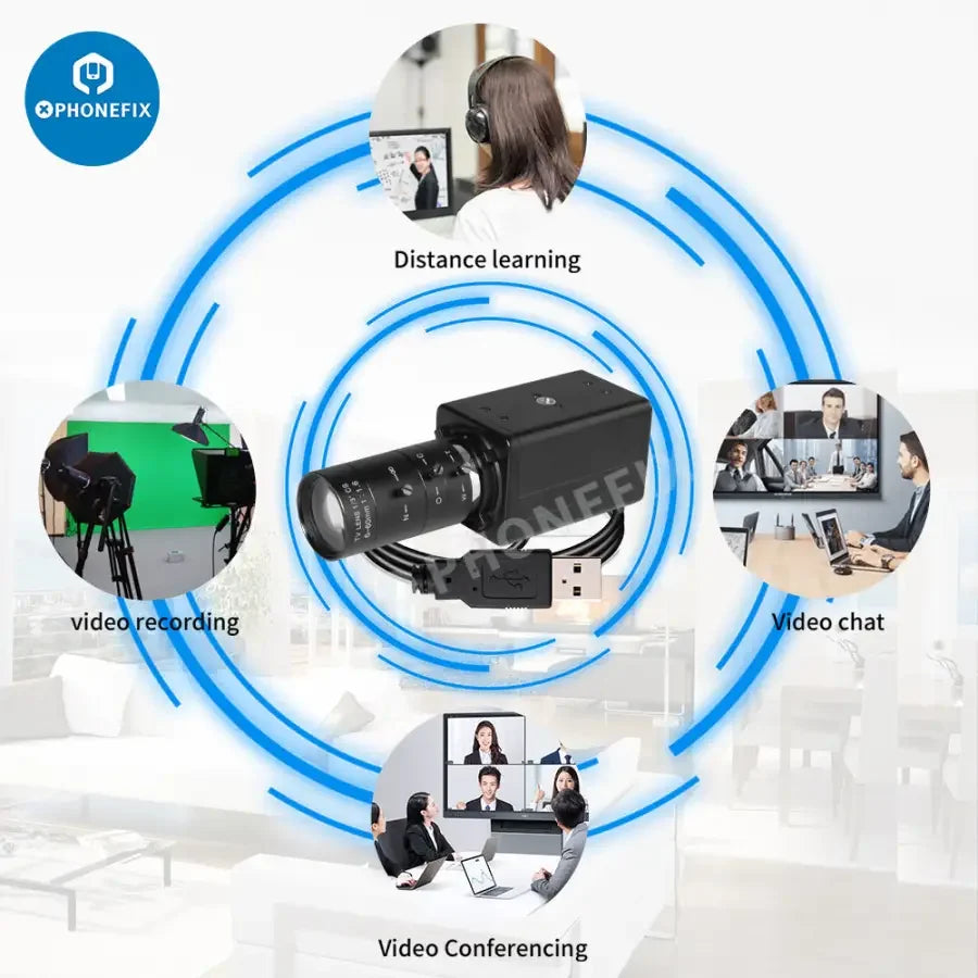 Cámara web PHONEFIX de 5.0 MP y resolución 4K con zoom de 10x y lente varifocal, ideal para aplicaciones de visión artificial, mostrada desde una vista frontal.
