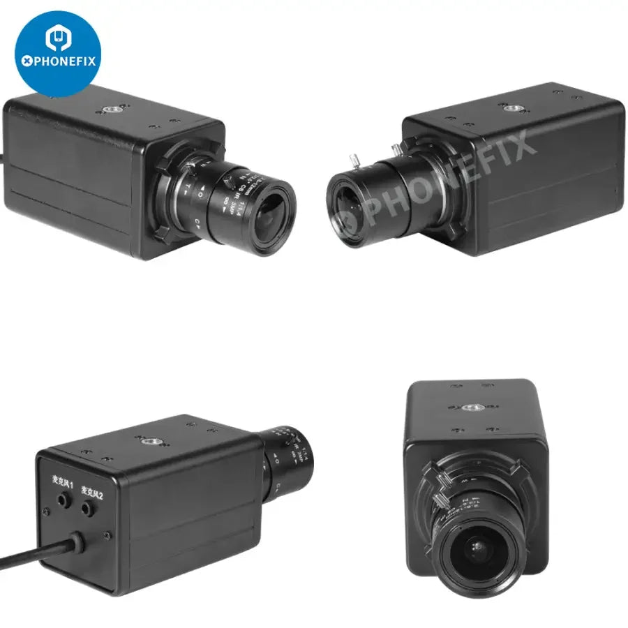 Cámara web PHONEFIX de 5.0 MP y resolución 4K con zoom de 10 aumentos y lente varifocal, ideal para aplicaciones de visión artificial. Se muestra con lente ajustable.