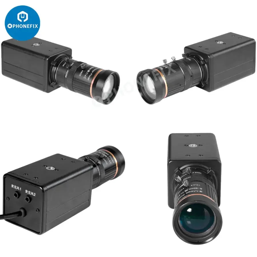 Cámara web PHONEFIX de 5.0 MP y resolución 4K con zoom de 10 aumentos y lente varifocal, ideal para imágenes de visión artificial de alta resolución.