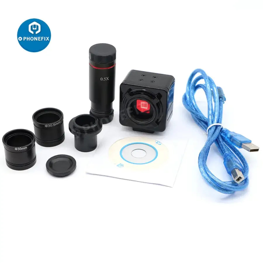 5MP USB microscope camera with C-mount adapter and 30/30.5mm ring, designed for machine vision applications by PHONEFIX.