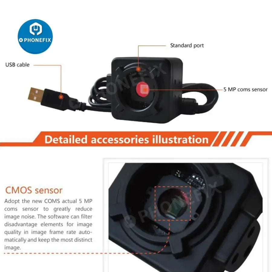 5MP USB microscope camera with C-mount adapter and 30/30.5mm ring, designed for machine vision applications by PHONEFIX.