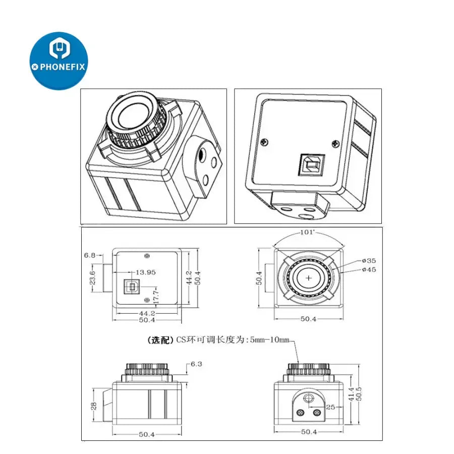 PhoneFIX 5MP USB microscope camera with C-mount adapter and 30/30.5mm ring, designed for machine vision and detailed inspection.