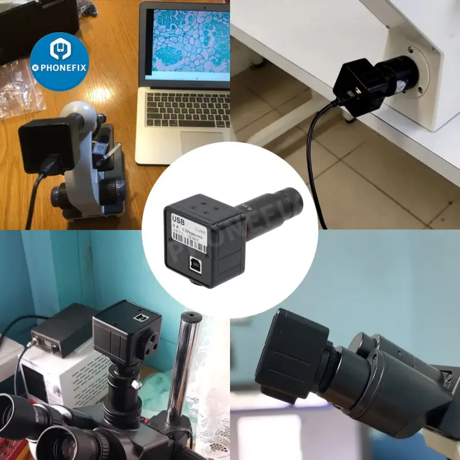 PHONEFIX 5MP USB microscope camera with eyepiece C-mount adapter and 30/30.5mm ring for machine vision applications.