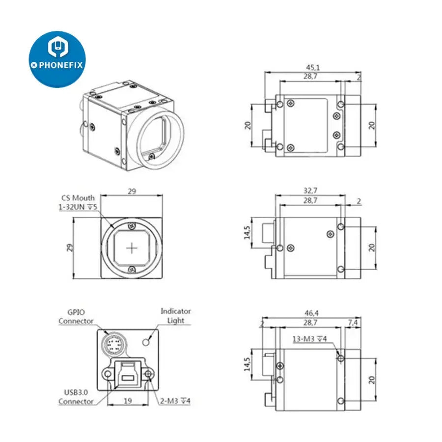 Caméra d'inspection industrielle PHONEFIX avec obturateur global couleur 2.3 MP, caméra de vision industrielle haute vitesse USB 3.0 pour applications industrielles