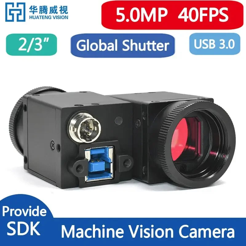 Cámara industrial PHONEFIX USB 3.0 Vision con sensor de color de 5.0 MP y obturador global, utilizada para aplicaciones de visión artificial.