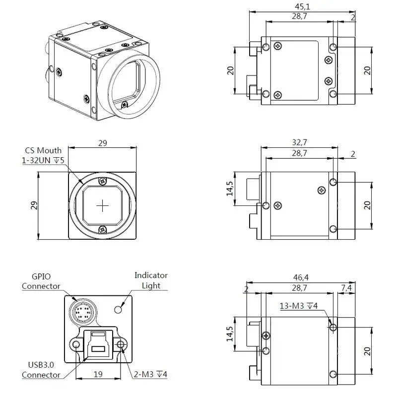 Cámara industrial Phonefix USB 3.0 Vision con obturador global a color de 5.0 MP y SDK, utilizada para aplicaciones de visión artificial.