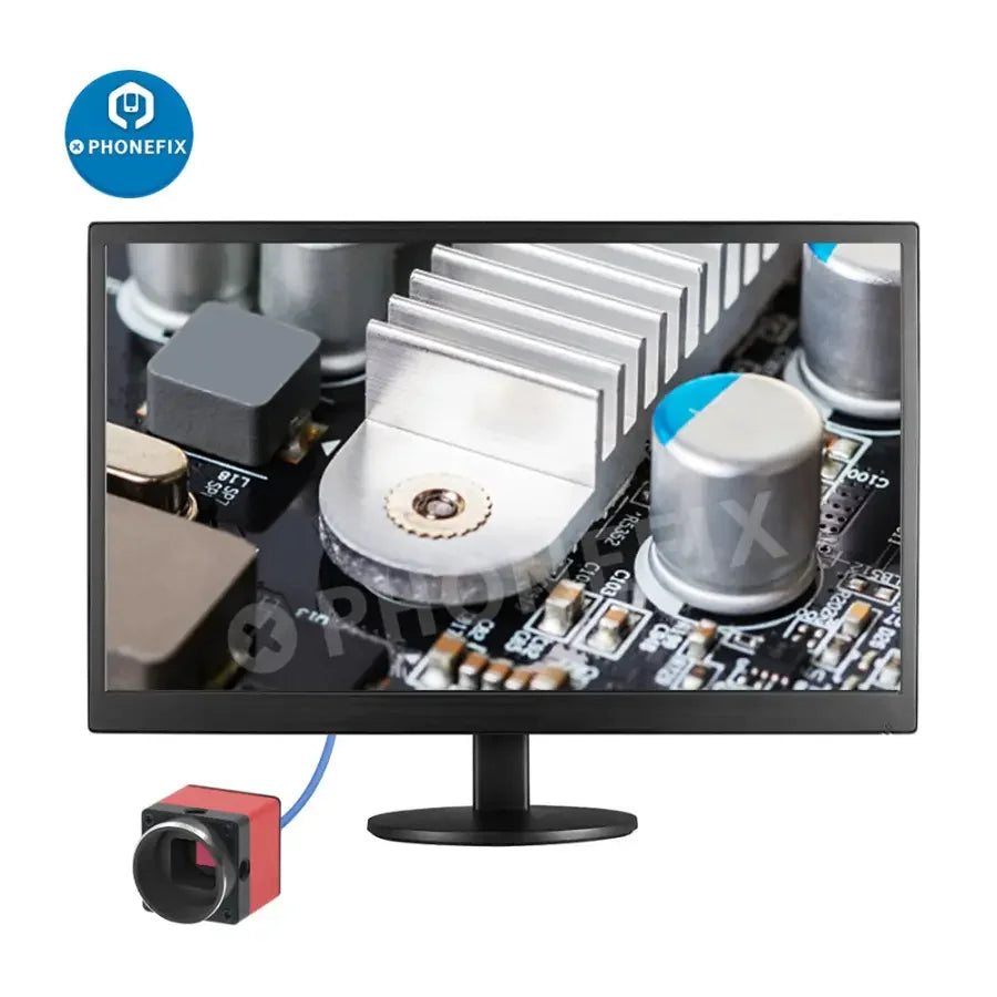 PHONEFIX 5MP USB 3.0 CMOS digital industrial microscope camera for machine vision, with eyepiece and high-resolution imaging.