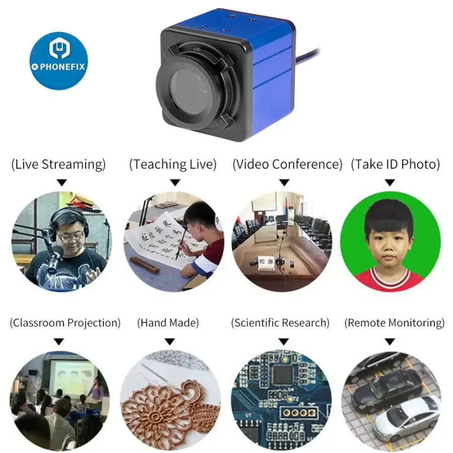 Webcam USB HD PHONEFIX 4K 8MP IMX179 avec autofocus, idéale pour la diffusion en direct et les applications de vision industrielle.