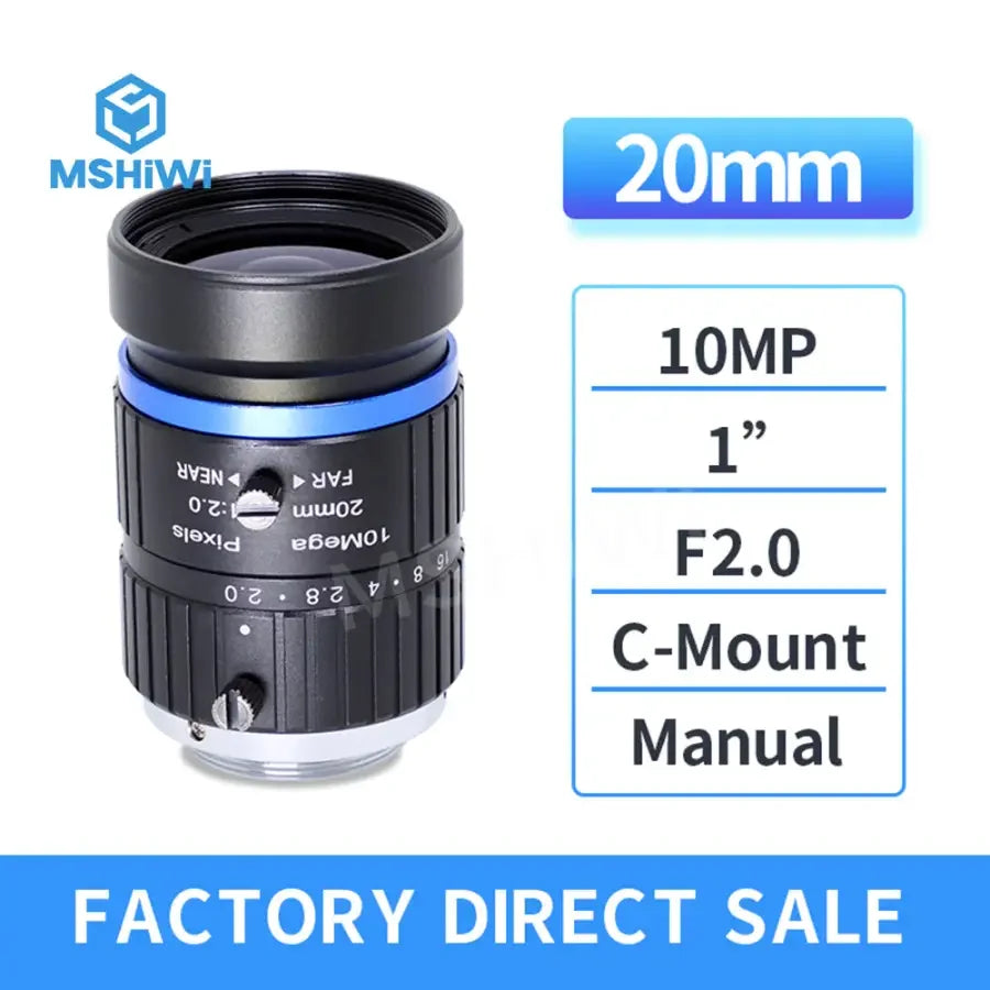 PHONEFIX 3MP C-mount 20mm prime industrial lens with manual iris, 1-inch sensor, suitable for machine vision applications.