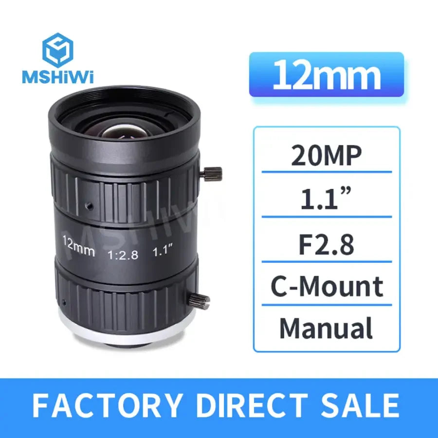 PHONEFIX 20MP C-mount machine vision prime lens with 12mm-50mm focal range, F2.8 aperture, manual iris, for high-resolution imaging.