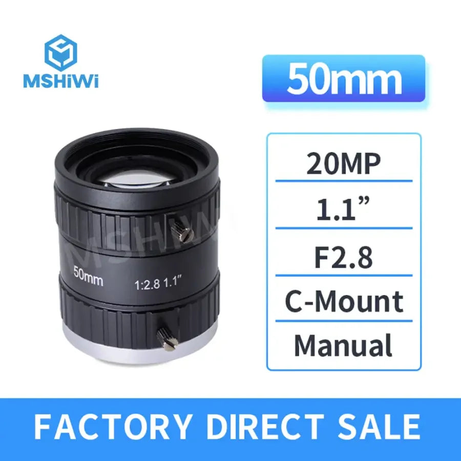PHONEFIX 20MP C-mount machine vision lens with 12mm to 50mm focal length, F2.8 aperture, manual iris for high-precision imaging.