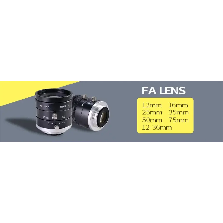 Objectif industriel à monture C de 3 MP avec une focale de 16 à 35 mm, un iris F1.4 et une mise au point manuelle, utilisé pour des applications de vision industrielle par PHONEFIX.