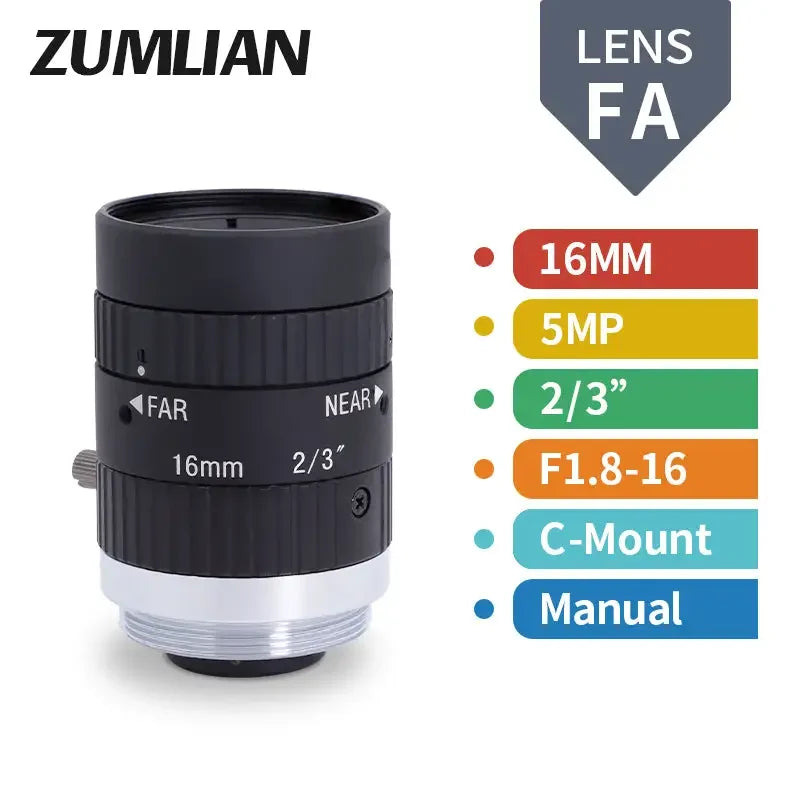 PHONEFIX 5MP C-mount FA Prime Lens with 16mm-50mm focal length, F1.8-16 aperture, manual iris for machine vision applications