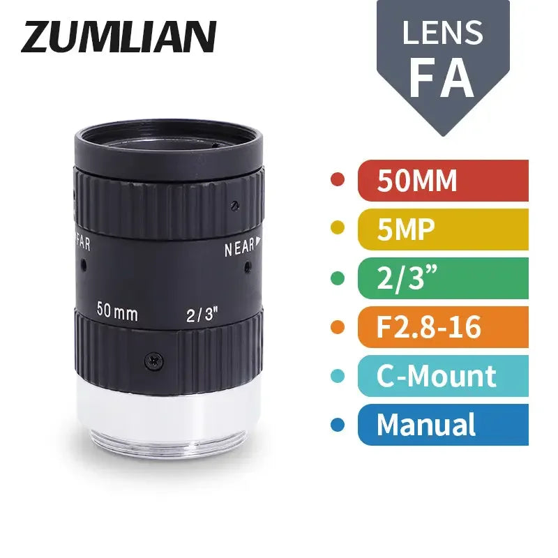 PHONEFIX 5MP 16mm-50mm C-mount FA Prime Lens with F1.8-16 aperture and manual iris for machine vision applications.