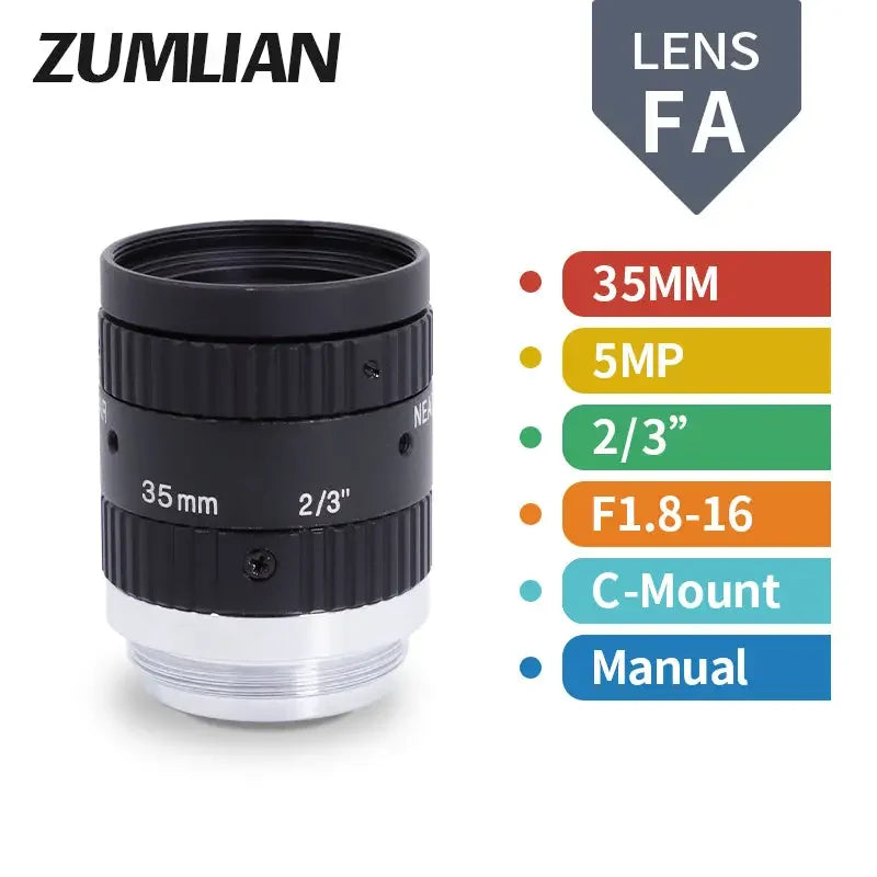 PHONEFIX 5MP 16mm-50mm C-mount FA Prime Lens with F1.8-16 aperture and manual iris, ideal for machine vision applications.