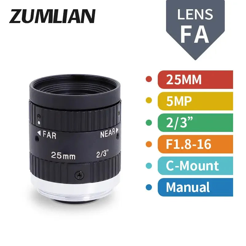 PHONEFIX 5MP 16mm-50mm C-mount FA Prime Lens for machine vision, F1.8-16 manual iris, 1/1.8" sensor, high-resolution imaging