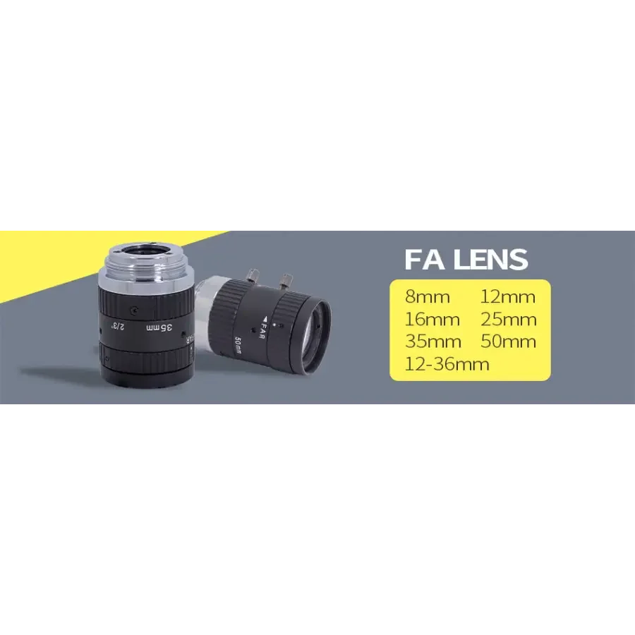 PHONEFIX 5MP 16mm-50mm C-mount FA prime lens with F1.8-16 manual iris for machine vision applications, compact and high-quality.
