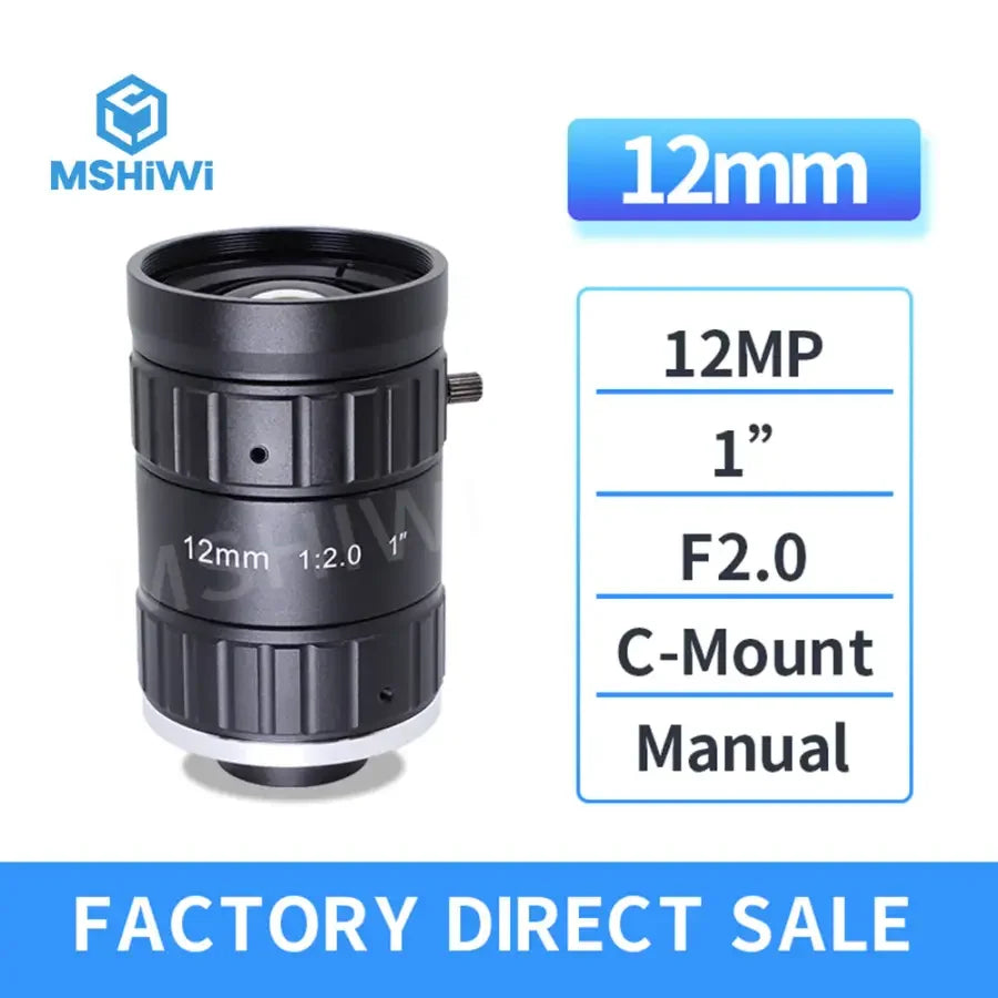 PHONEFIX 8MP C-mount industrial machine vision lens with F2.0 aperture, 16mm-50mm prime focal length for high-resolution imaging.
