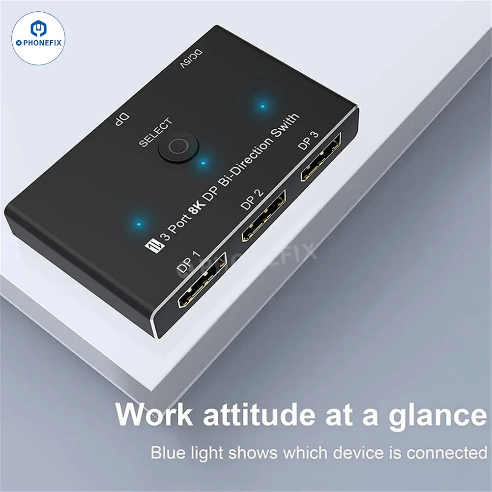 PHONEFIX 3-port 8K DP bi-directional switch and video converter for machine vision lenses, supports 30Hz HD DP1.4 video signals.