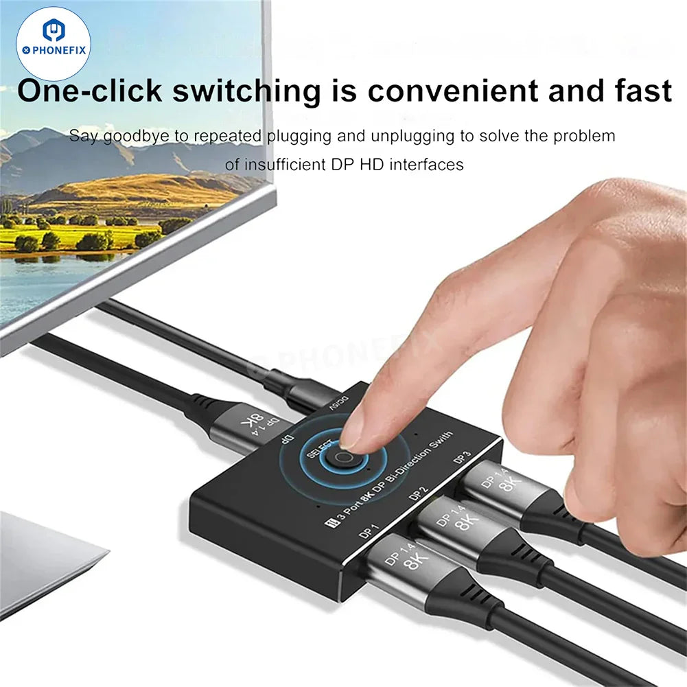 PHONEFIX 3-port 8K DP bi-directional switch and video converter for machine vision lenses, supports 30Hz HD DP1.4 video connections.