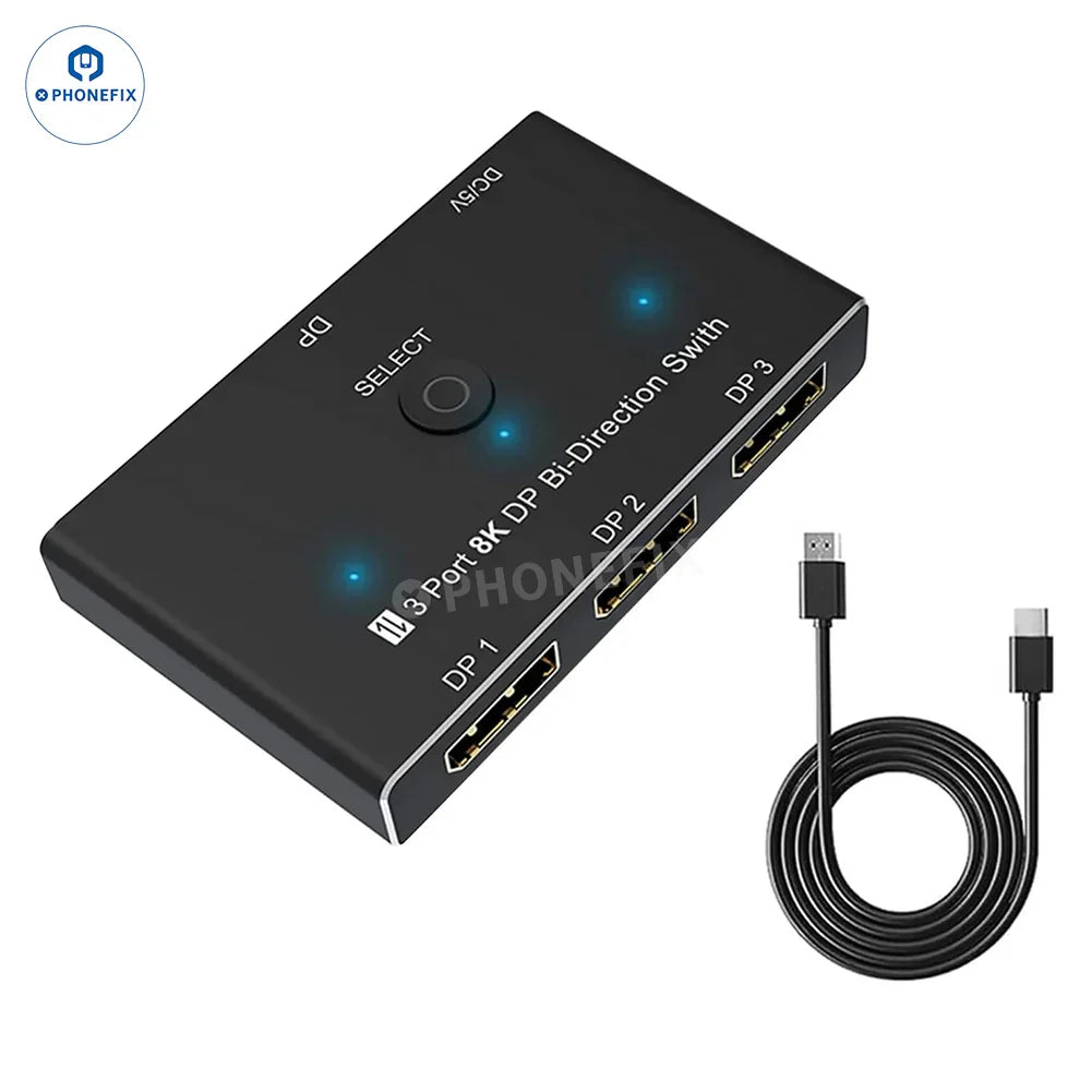 PHONEFIX 3-Port 8K DP Bi-Directional Switch and HD DP1.4 Video Converter with machine vision lens showing ports and display connections.