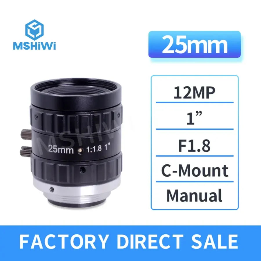 PHONEFIX 12MP 6mm 25mm manual C-mount FA prime lens for machine vision, F1.8 aperture, fits 1-inch sensors.