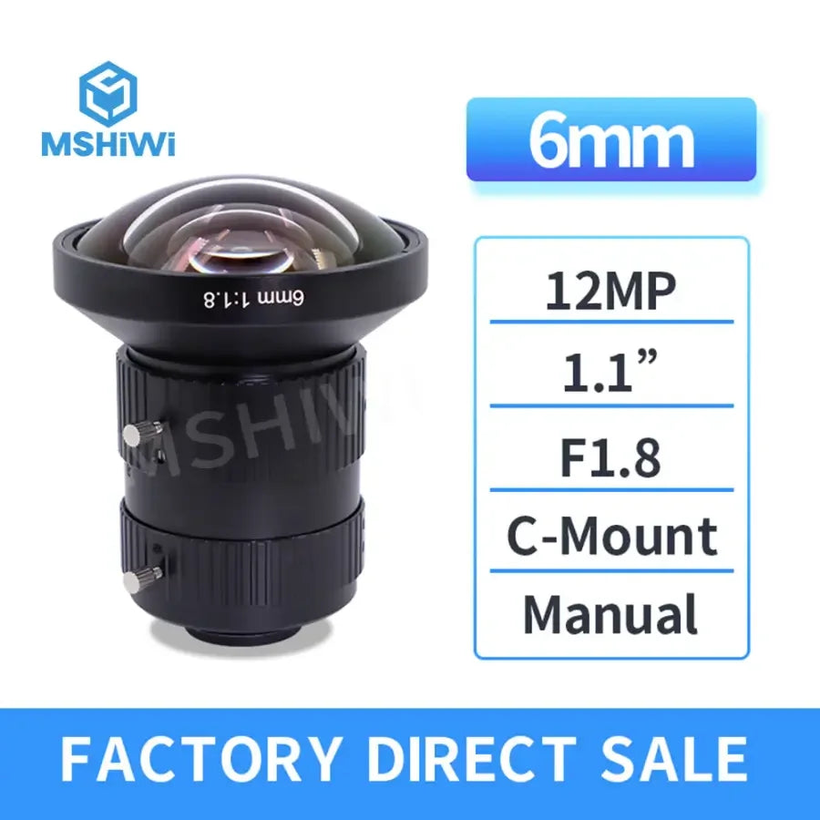 PHONEFIX 12MP 6mm 25mm manual FA prime C-mount lens with F1.8 aperture for machine vision cameras, shown from the side.