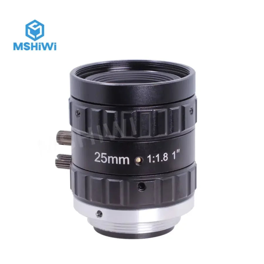 PHONEFIX 12MP C-mount machine vision prime lens with 6mm and 25mm focal lengths, F1.8 aperture, for 1-inch sensors.