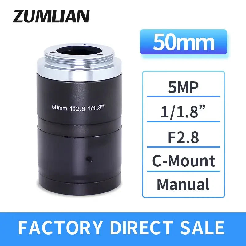 PhoneFix 5MP 75mm and 50mm C-mount F2.8 industrial machine vision camera lenses, 1/1.8" sensor, designed for precise imaging.