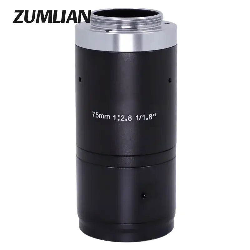 PHONEFIX 5MP 75mm FA industrial machine vision camera lens with C-mount, F2.8 aperture, suitable for 1/1.8" sensors.