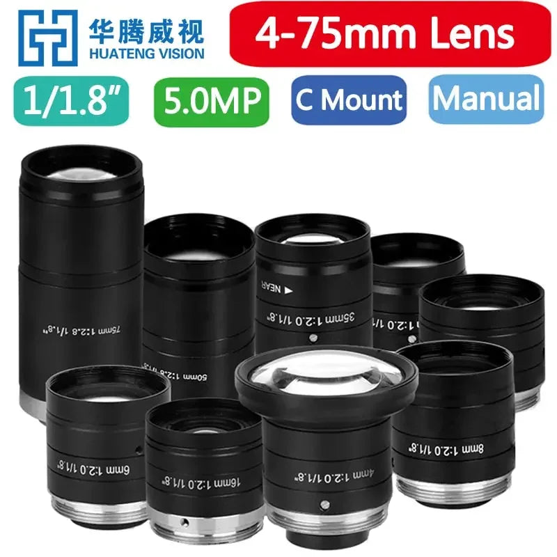 PHONEFIX 5MP 75mm industrial machine vision lens with fixed focal length and manual iris for precise imaging.