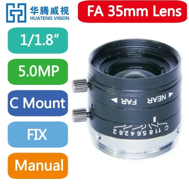 PHONEFIX 5MP 75mm industrial manual iris machine vision lens with fixed 1/1.8-inch focal length, designed for precise imaging applications.