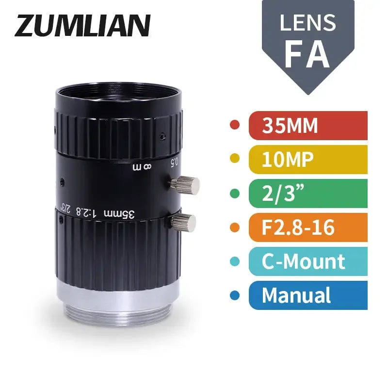 Phonefix 10MP 8mm-50mm manual C-mount FA prime lens for machine vision, with F2.8-16 aperture, mounted on a camera system