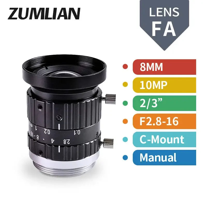 PHONEFIX 10MP 8mm-50mm manual C-mount FA Prime Lens for machine vision, with F2.8-16 aperture, shown in close-up.