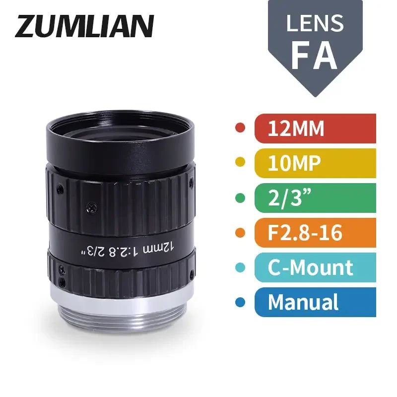 PhoneFix 10MP 8mm-50mm manual C-mount FA prime lens for machine vision, featuring F2.8-16 aperture and 2/3" sensor compatibility.