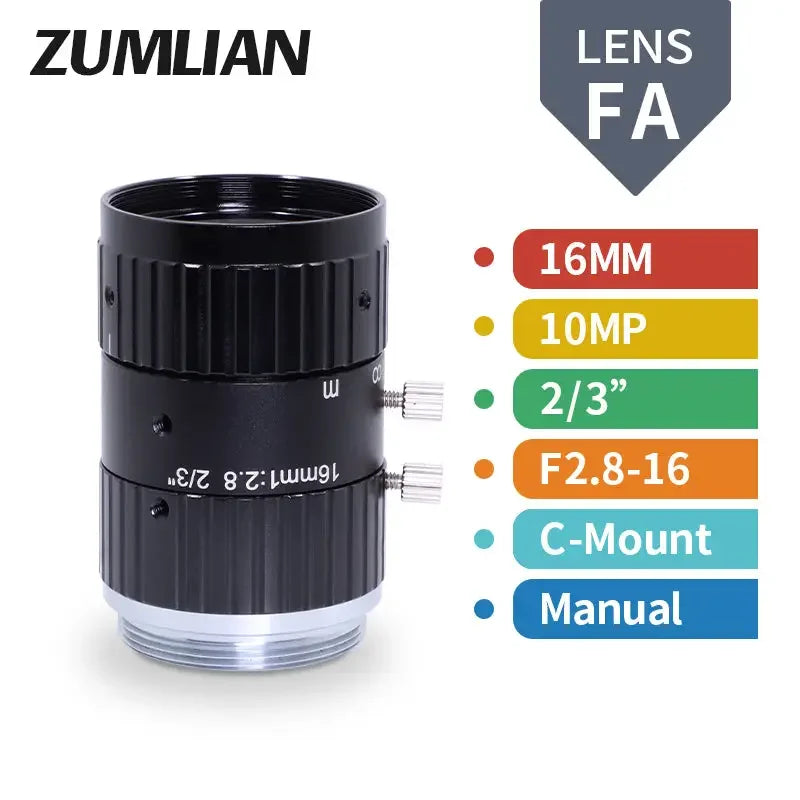 Phonefix 10MP machine vision C-mount lens with 8mm to 50mm focal length, F2.8-16 aperture, for high-quality imaging and inspection.